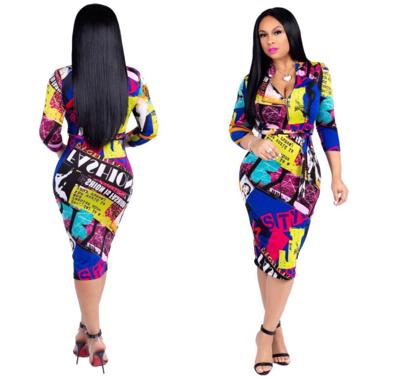 

Women Plus Size Pencil Dresses V Neck Slim Hip Print Sexy Bodycon Bandage Dress Knee Length Clubwear Midi Dress, Multi