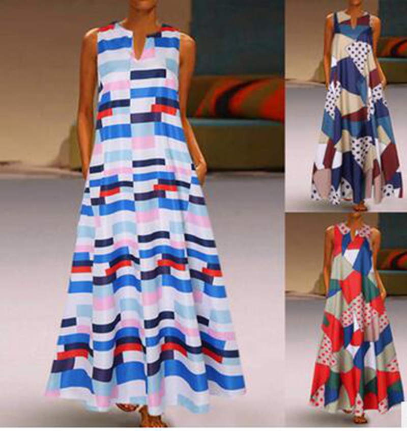 

Wholesale Fashion Explosion Women's V-Neck Sleeveless Pocket Summer Retro Print Color Block Sleeveless Dress, Dark blue