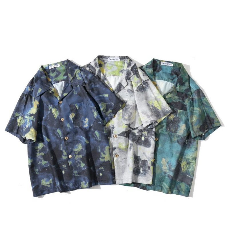 

Retro Street Flower Shirt Loose Short Sleeve Casual Vacation in Hawaii Men and Women, White