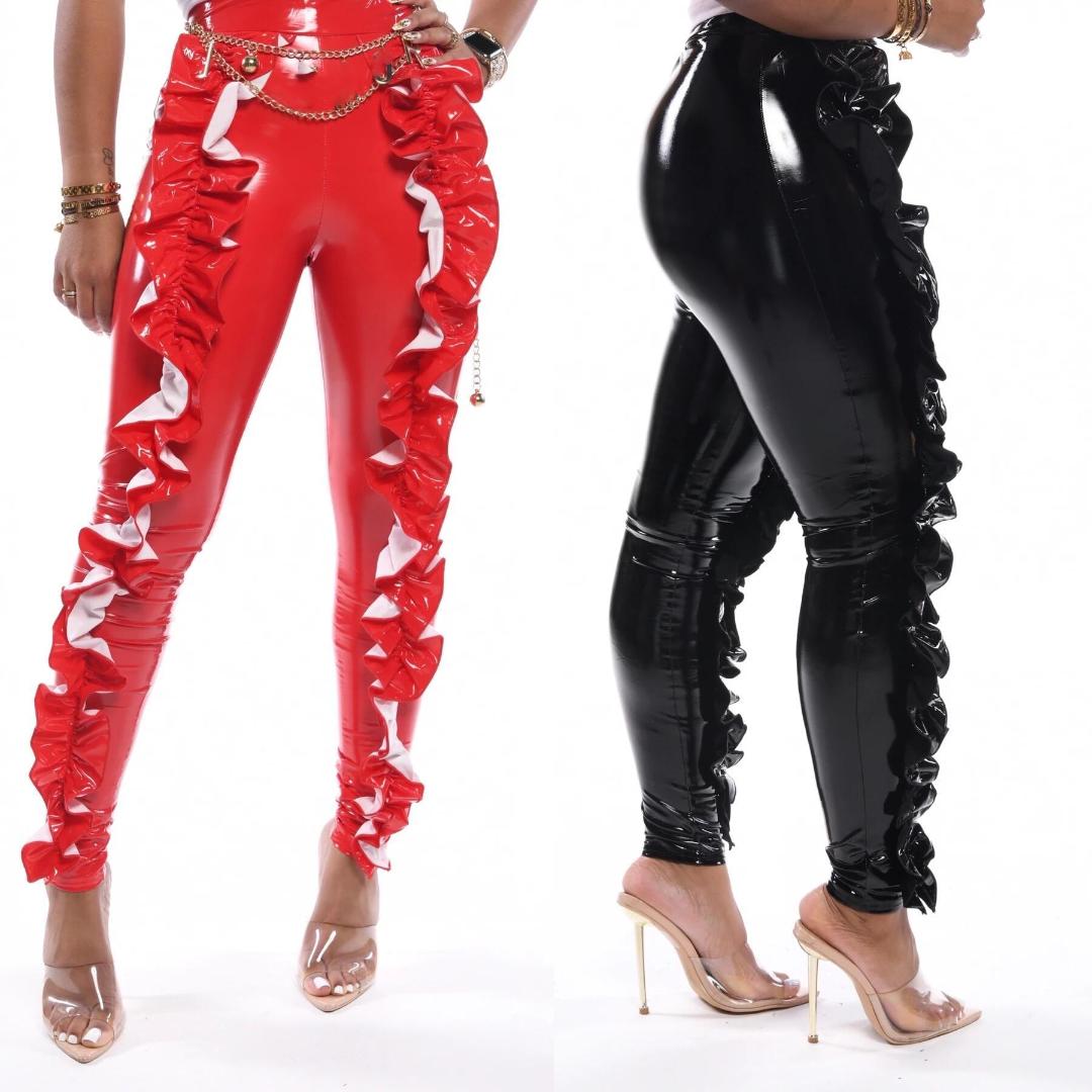 

Ruffle Pu Leather Pants Women Red Pleated Sexy Club Pants High Waist Elastic Pencil Casual Trousers, Blue