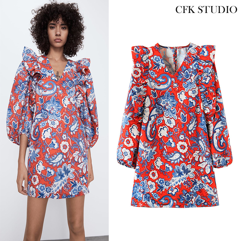 

Women Summer Minidress 2020 New Fashion with V-neck Floral Prine Long Sleeve Chiffon Dress Casual Elegant Pink Sexy Dress, Red