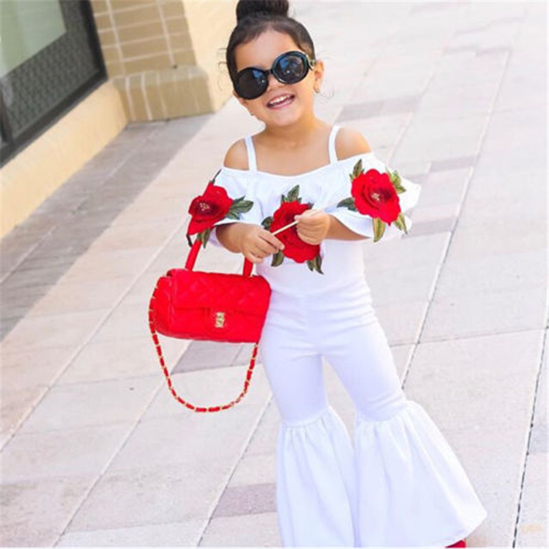 

PUDCOCO Kids Baby Girl Off shoulder Flower Romper Jumpsuits Trousers Outfit Clothes, White