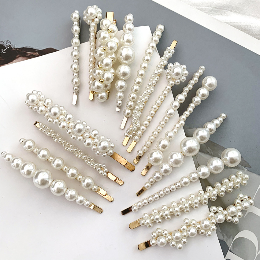 

fashion Pearl hairpin Rhinestone one word clip Hand woven Beaded clip with pearl bow hair clip Woman Girls Hair Accession F05