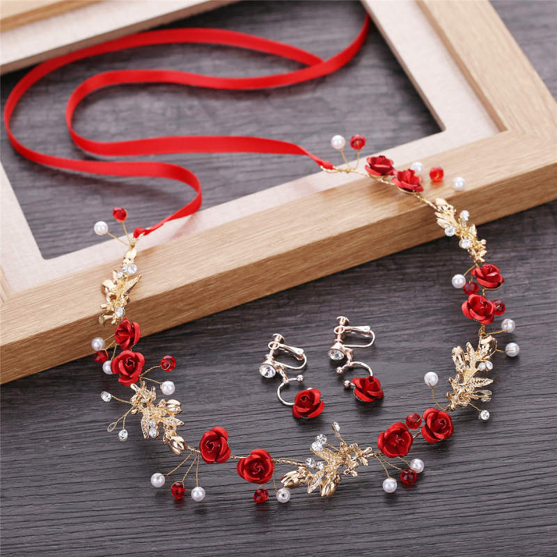 

Bride Ornaments Necklace Earrings Headwear Suit Red Rose Diamond Twist Bead Marry Toast Serve Hair Decorated Ear