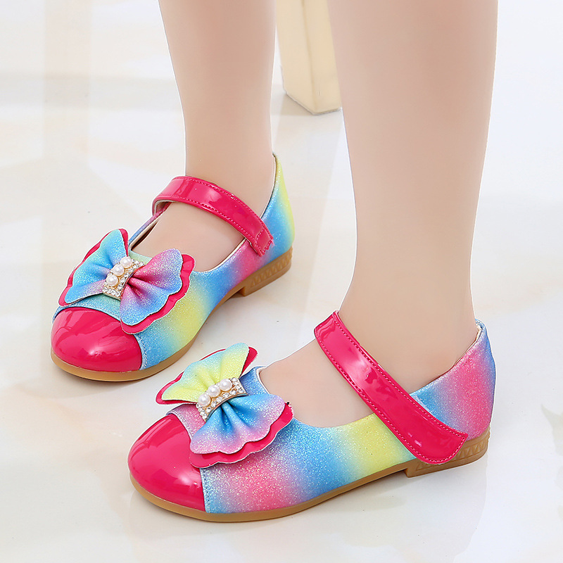 

Casual Bow-knot Pearl Crystal Girls Soft Flats Kids Toddler Shoes Spring Autumn Children's Butterfly-knot Princess Leather Shoes, Pink