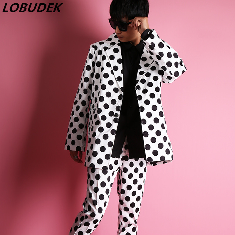 

Bar Nightclub Punk Hip Hop Suit 2 Piece Set Black White Dot Blazer Pants Stage Outfit Tide Male Singer Concert Fashion Suits