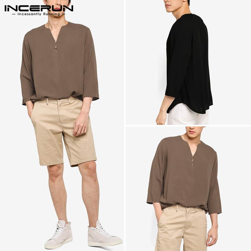 

INCERUN Men Solid Color Shirts Casual 3/4 Sleeve V Neck Loose Shirt Man Vintage Cotton Blouse Fashion Elegant Brand Blouse S-5XL, Coffee