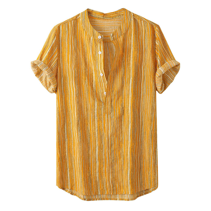 

KLV Shirt Mens Summer Fashion Stand Collar Strip Print Short Sleeve Shirt Top Camisas Hombre Hawaiian Casual Shirts, As pic