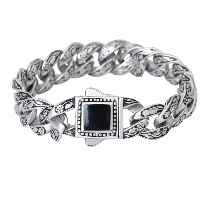 KB14727-D 316L Stainless steel Mens vintage Rose Flower pattern Link Chain mens Black stone bracelet bangle 15mm 8.66'' 74g weight