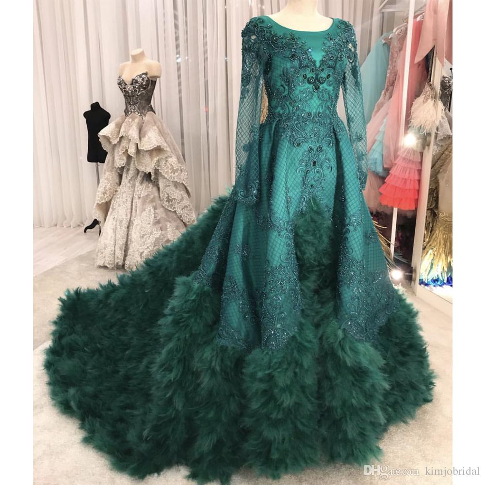 

Green Prom Dresses Crew Neckline Lace Appliques Pearls Long Sleeve Feather Evening Dresses Detachable Train Gowns Vestidos de Fiesta, Hunter green