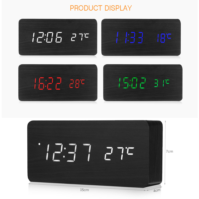 

Wooden Alarm Clock LED Desktop Clock with Old Style Temperature Sound Control Calendar LED Electronic Digital Table
