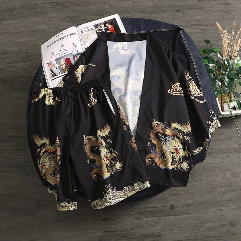 

Black Yukata Men Summer Boho Kimonos Shorts Beach Suit Haori Asian Clothes Shirt Kimono Cardigan Men Japanese Pajamas Mens