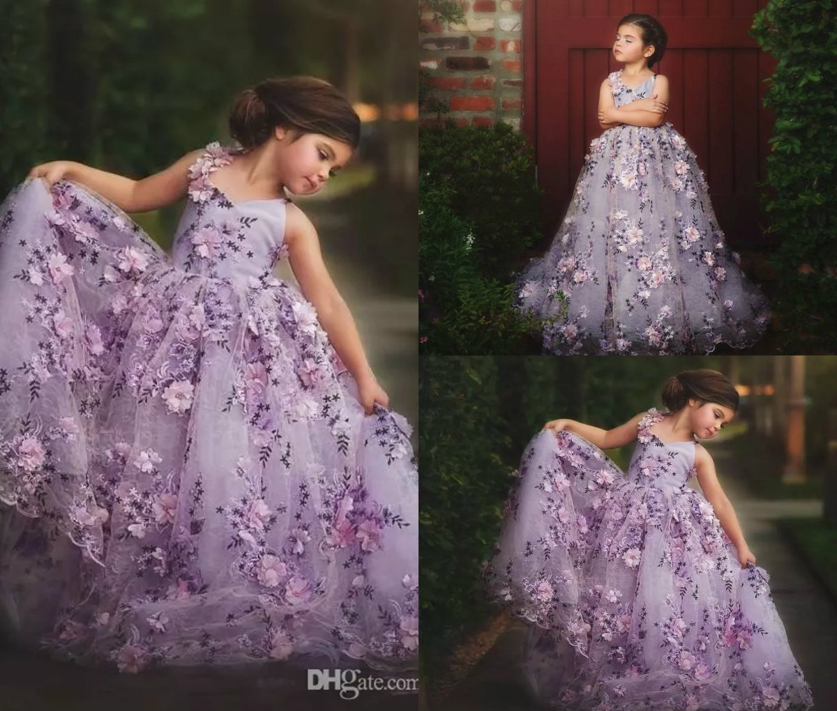 

Lavender Little Girls Pageant Dresses 3D Floral Appliques Toddler Ball Gown Lace Flower Girl Dress Floor Length Tulle First Communion Gowns, Green