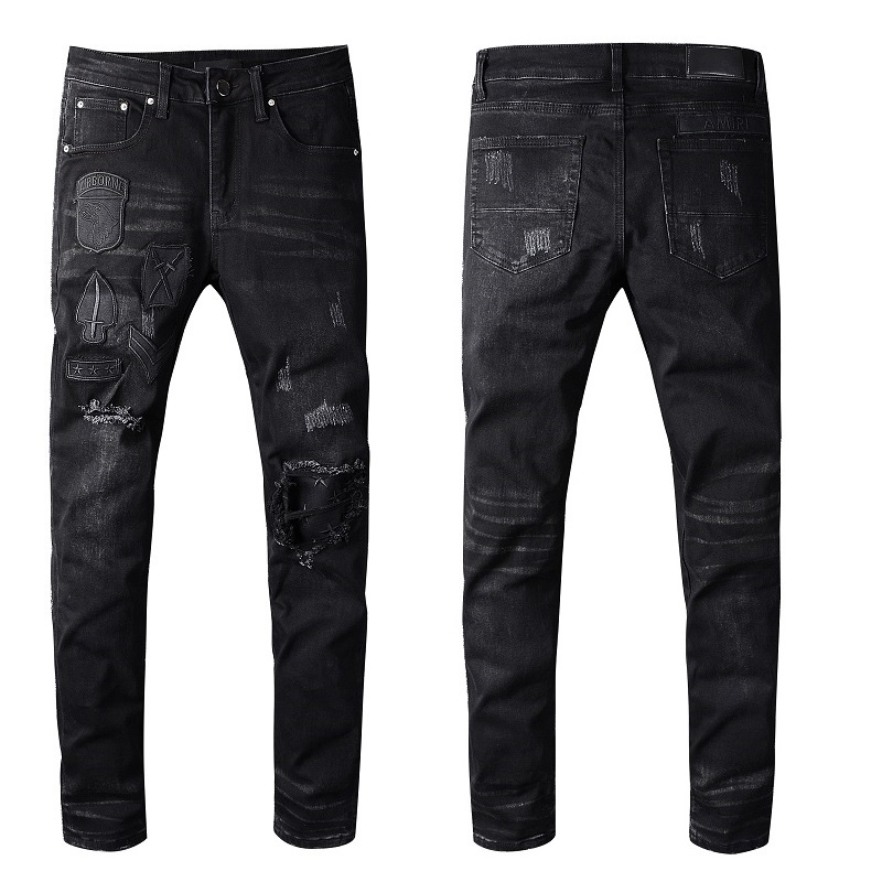 

Fashion Mens Jeans Men Women Motorcycle Biker Jeans Mens Distressed Ripped Slim Skinny Jeans Black Pants, #618 black