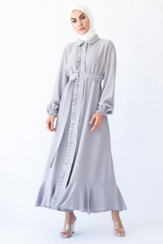 

Ladies Ruffle Belted Abaya Dress Caftan Islamic Clothes Muslim Dress Jilbab Djellaba Robe