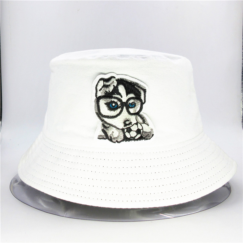 

football dog embroidery cotton Bucket Hat Fisherman Hat outdoor travel Sun Cap Hats for kid men Women 76, White