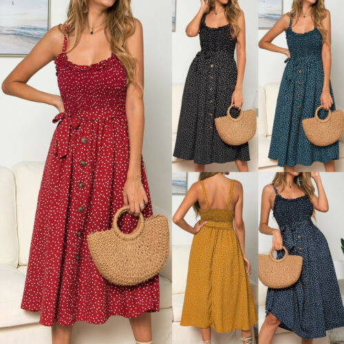 

Women Summer Sleeveless Polka Dot Beach Dress Ladies Stretch Tank Swing Sundress, Black