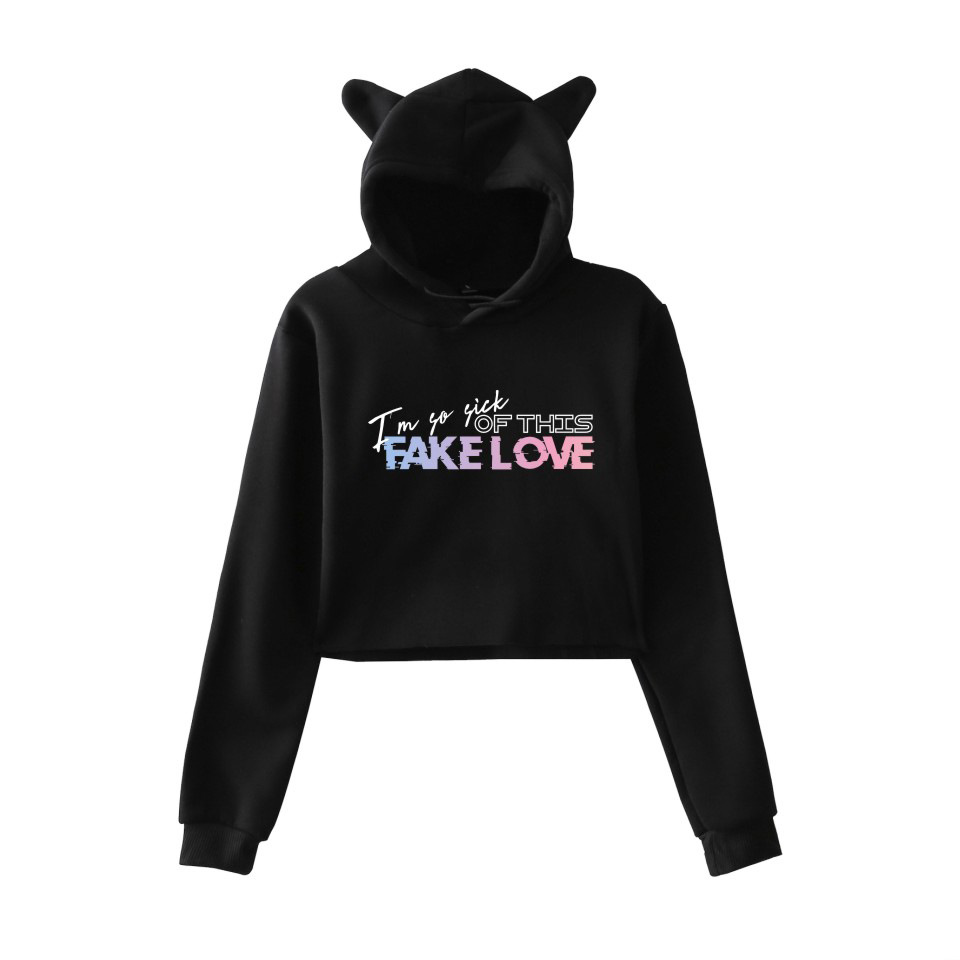 

Fake Love Print Cropped Hoodies with Cat Ear Hat Women Long Sleeve Sweatshirt Crop Tops Clothes Kpop Hoodie