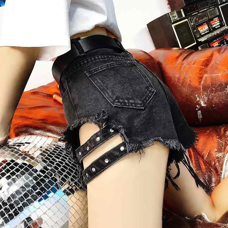 

Street fashion BF summer style female blue black high waist button denim shorts female shabby edge ripped jeans shorts