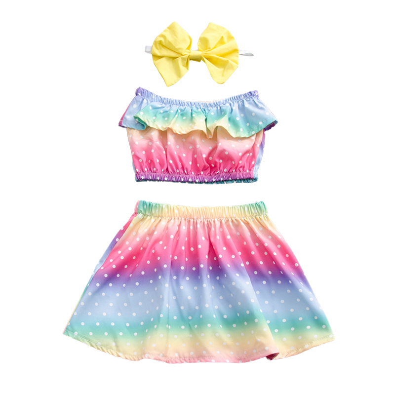 

3PCS Children Girl Rainbow Set Summer Child Girls Bandeau Top Rainbow Polka Dot + Skirt + Bow Headband Kids Baby Clothes, Multi