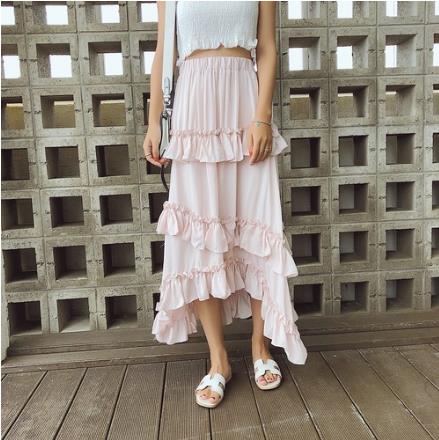 

Maxi Women Long Skirt Ruffles Tulle Skirts Irregular Elastic Waisted Faldas Saias Femininas Jupe Summer Autumn 2020 LJ383, Pink