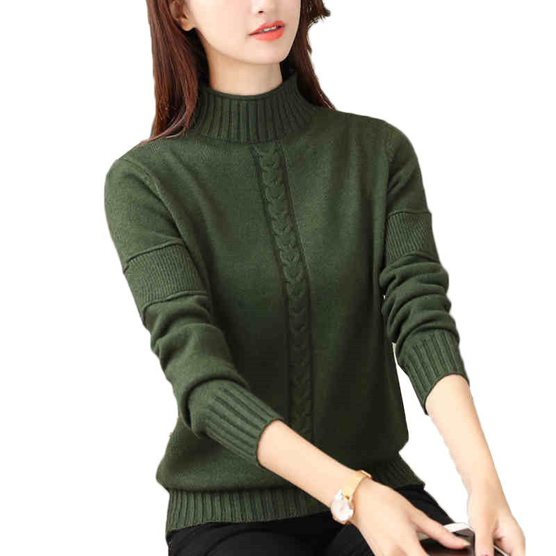 

Autumn Winter Full Sleeve Women Knitting Sweater Solid Half Turtleneck Pullover Jumper Female Sweater Casual Knitted Sweaters, Black