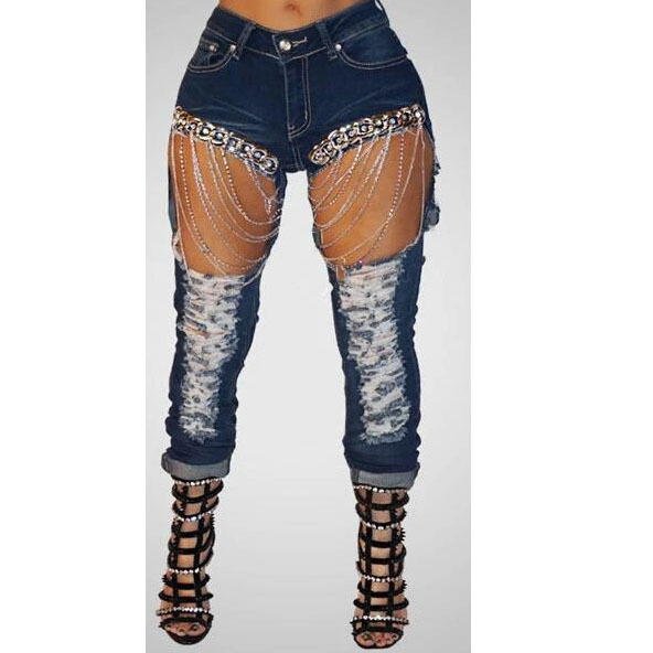 

Felyn 2020 Ins Internet Celebrity Famous Jeans Sequins Chains Draped Ripped Summer Sexy Denim Long Pants, Blue