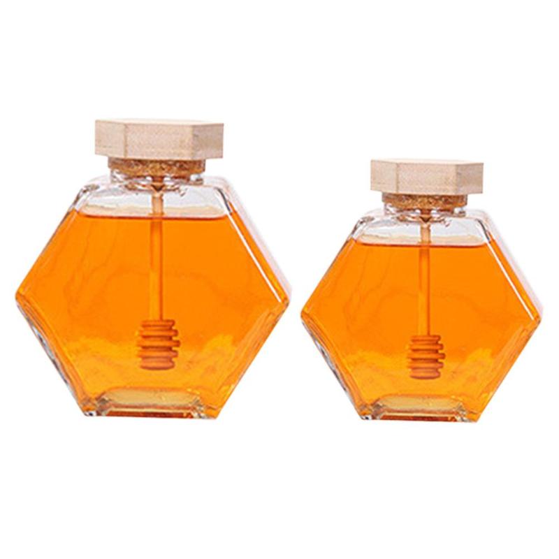 

220ML/380ML Glass Honey Jar Hexagonal Honey Bottle Container Pot With Wooden Stick Spoon Packaging Bottle
