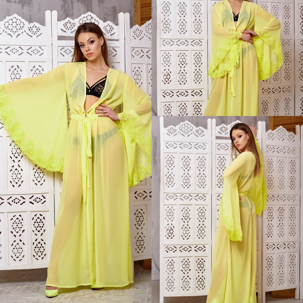 

Illusion Bodice A Line Women Bath Robes V Neck Long Sleeve Appliques Chiffon Bridal Robe Floor Length Bath Robe