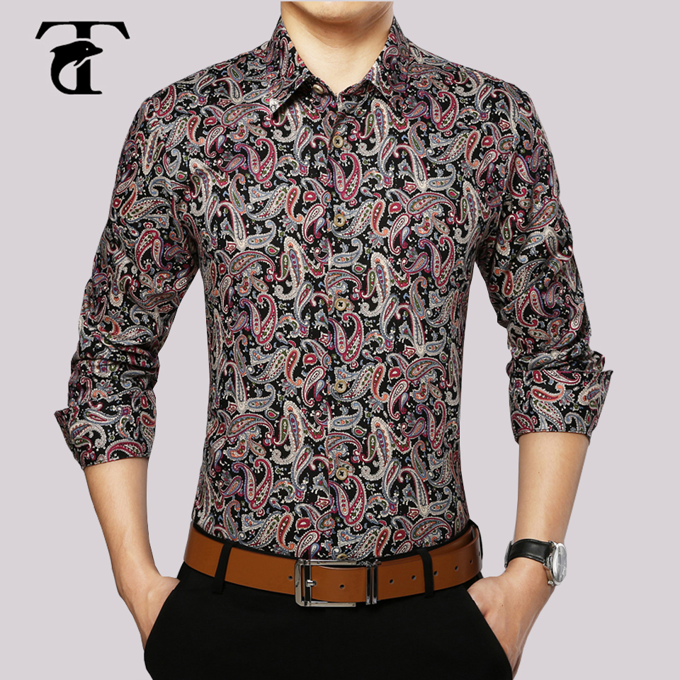 

2017 Long Sleeve Floral Men Shirt Cotton Fashion Turn-down Collar Button Mens Clothing Vintage Print Mens Dress Shirts, No6