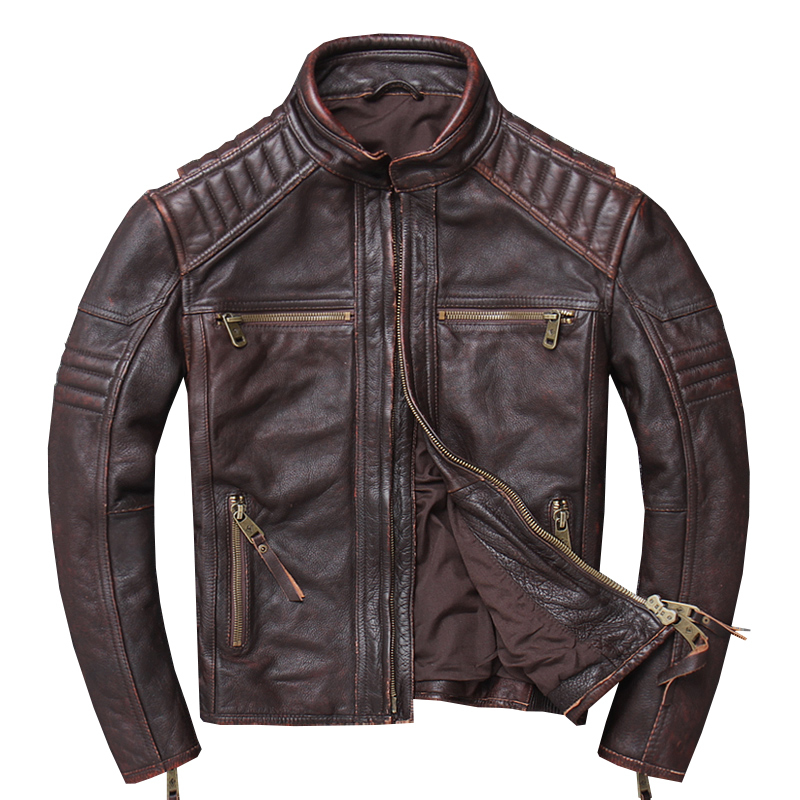 

2020 Vintage Brown Men Slim Fit Motorcycle Leather Jacket Stand Collar Plus Size XXXXXL Genuine Cowhide Biker Coat FREE SHIPPING