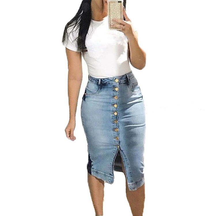 

Skirts 2021 Denim Skirt Fashion Vintga Jeans Woman Summer Furcal Pencil Black Gray Casual Street Wear Midi 3XL XXL XL, Blue