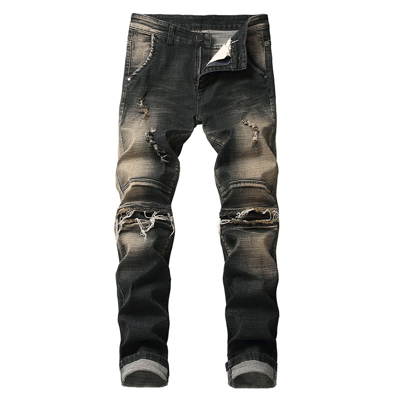 

Men Casual Jeans Distressed Panelled Vintage Ripped Denim Knee Holes Vintage Washed Destroyed Jeans, T-w2202