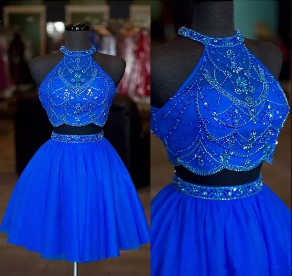 

Blue Beaded Crystals Halter Two Pieces Homecoming Dresses Rhinestones Zipper Up Formal Party Gowns A line Mini Short Cocktail Dresses B165, Royal blue