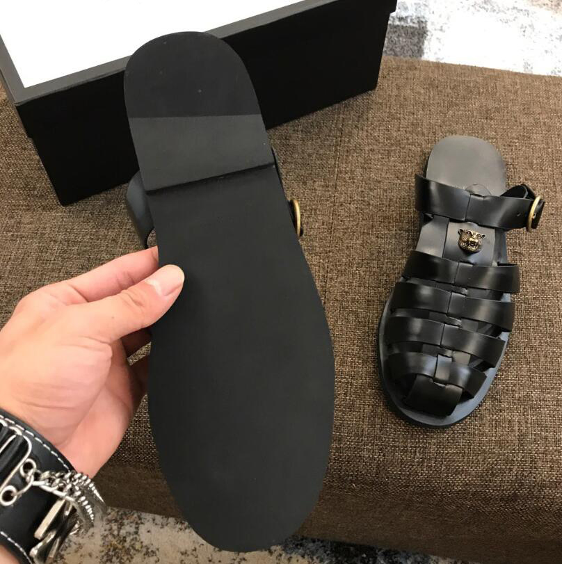 

Orignal Box! New Fashion Tiger Mens Flat Heels Casual Sandals Genuine Leather Party Beach Sexy Pointed Toes Shoes 38-45, With brand logo