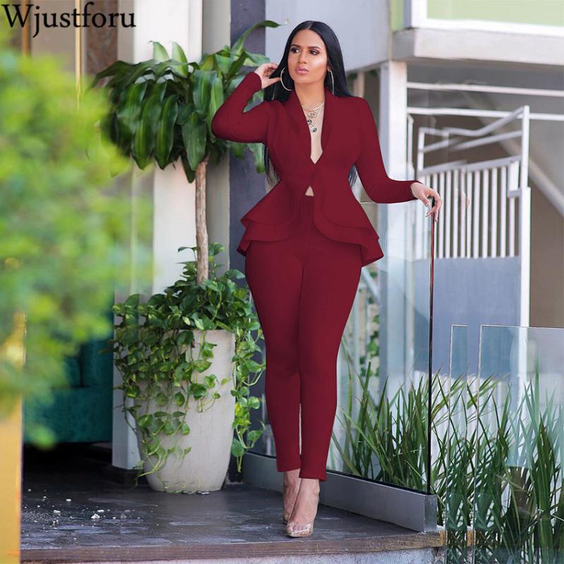 

Wjustforu Casual Office Suit Womens Space Layer Ruffle Tops + Pencil Pants Bodycon Formal Business Women pants suits Woman set, White