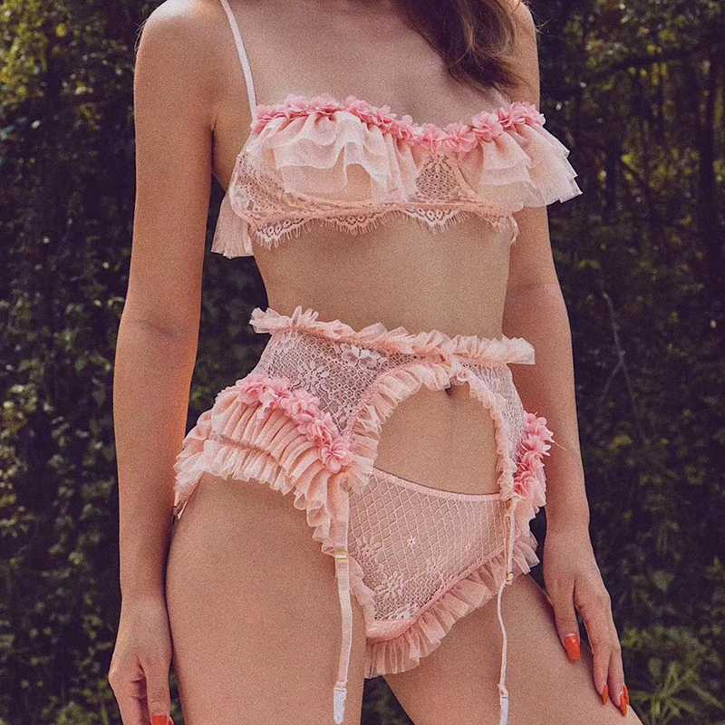 

High Quality Bra and Panty Sets with Suspender Garter Open Lace Flower Mesh See Through Sexy Women Lingerie Sleep Wear 3 Pieces, Pink