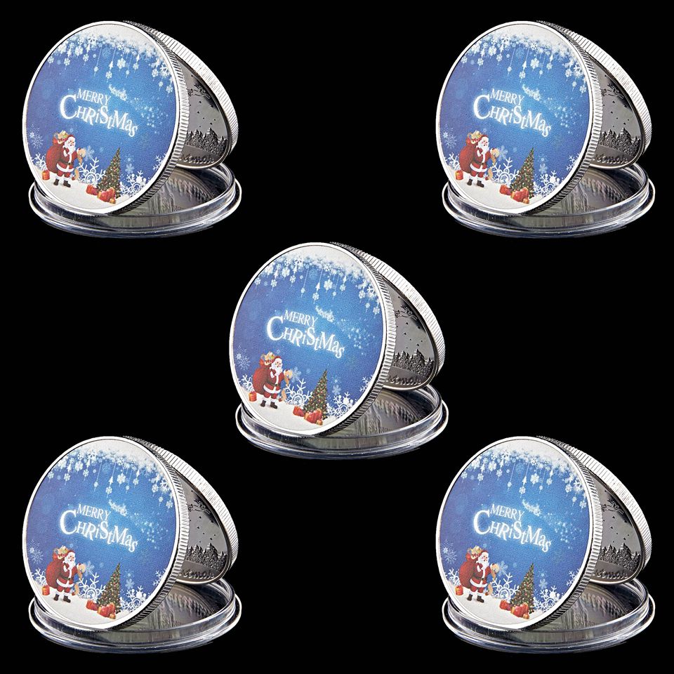 5pcs Merry Christmas Coin Craft With Santa Claus And Deer Photo Silver Plated Metal Challenge Badge-image-523824619