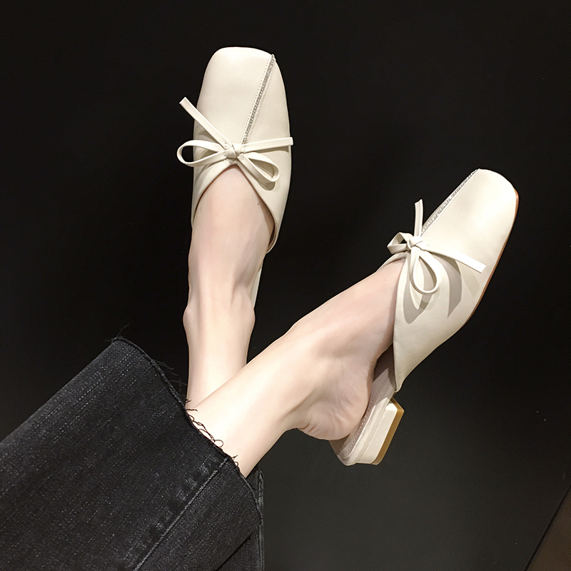 

Bow Square Toe Low Heel Mules Women V Mouth Slippers Summer Elegant Outdoor Closed Toe Slippers Sandals Women 2020, Black