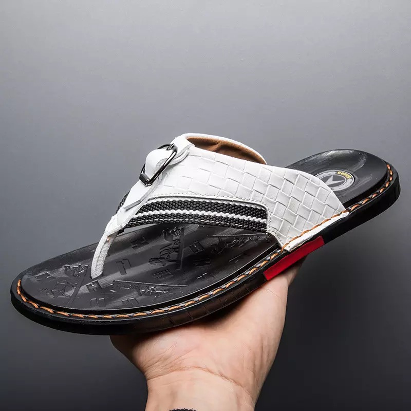 

Coslony Men's Flip Flops Genuine Leather Luxury Slippers Beach sport Sandals Summer for Men Fashion Shoes white top shoe brands, Black