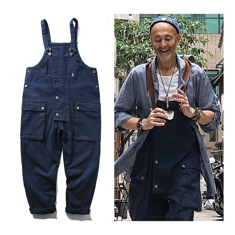 

American retro overalls pants men's loose multi-pocket bib pants tide brand simple suspenders bib, Blue