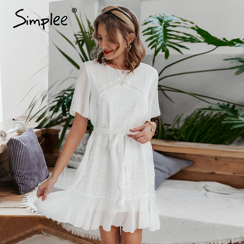 

Simplee Casual white women summer ruffle dress Elegant cotton embroidery female short sundress Holiday A line ladies mini dress