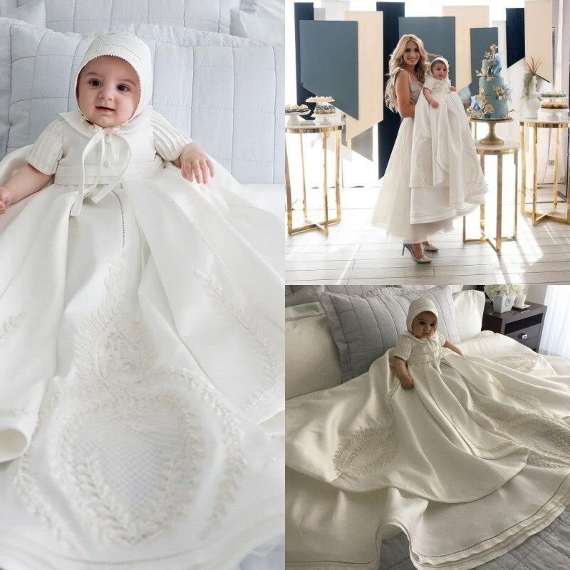 

New Toddler Baby Baptism Dresses Christening Gowns Satin First Communion 2019 With Bonnet First Communication Dress, Green