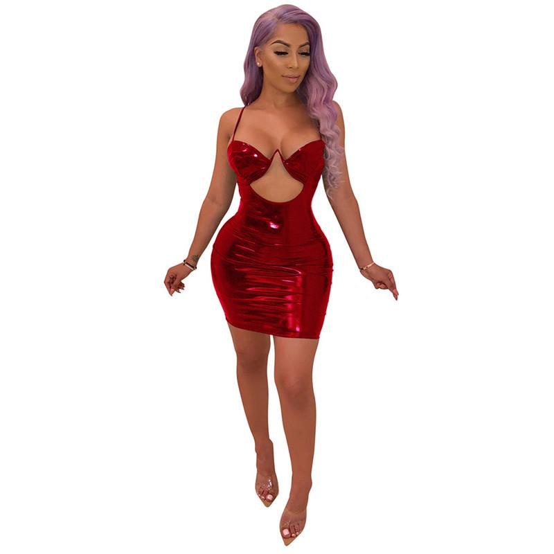 

2019 Night Club Party Sexy Women Red Leather Dress Strap Wet Look Dress Hollow Out Front Strapless Clubwear Mini Dresses