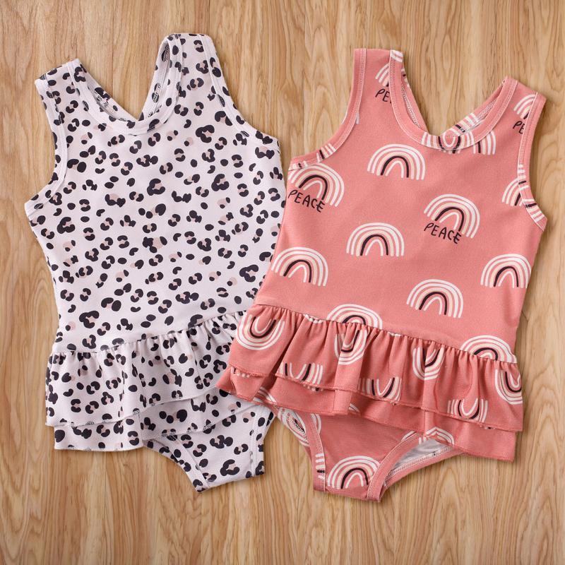

2020 New Rainbow Leopard One-Piece Swimsuit Kids Baby Swimwear Sleeveless Child Girl Ruffled Monokini Kids Beachwear 1-6Y
