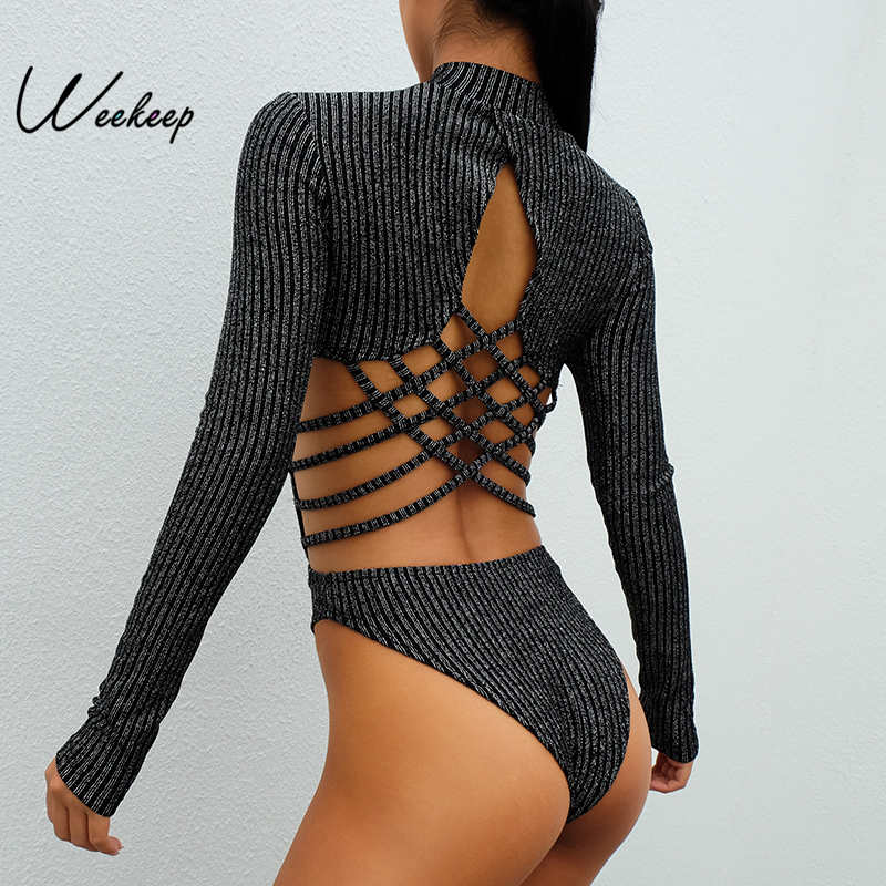 

Weekeep Sexy Bodycon Hollow Out Long Sleeve Bodysuit High Street Front Zipper Backless Bodysuits 2019 Spring Autumn Romper Women, As picture