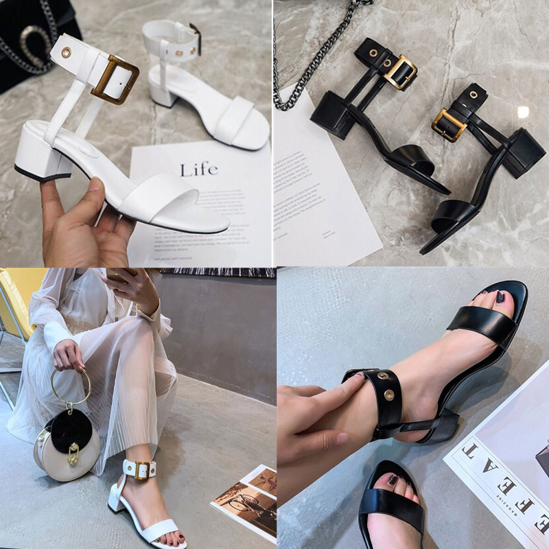 

2020 New CALFSKIN LEATHER SANDAL luxury designer women sandals women's shoes fashion chunky heels brand high heel, Black