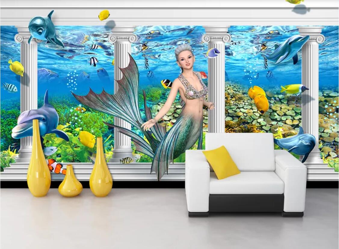 

3d wallpaper custom photo mural Underwater World Mermaid Dolphin Roman Column Palace 3D Background Wall art canvas pictures wall tapestry 3d, Non-woven fabric