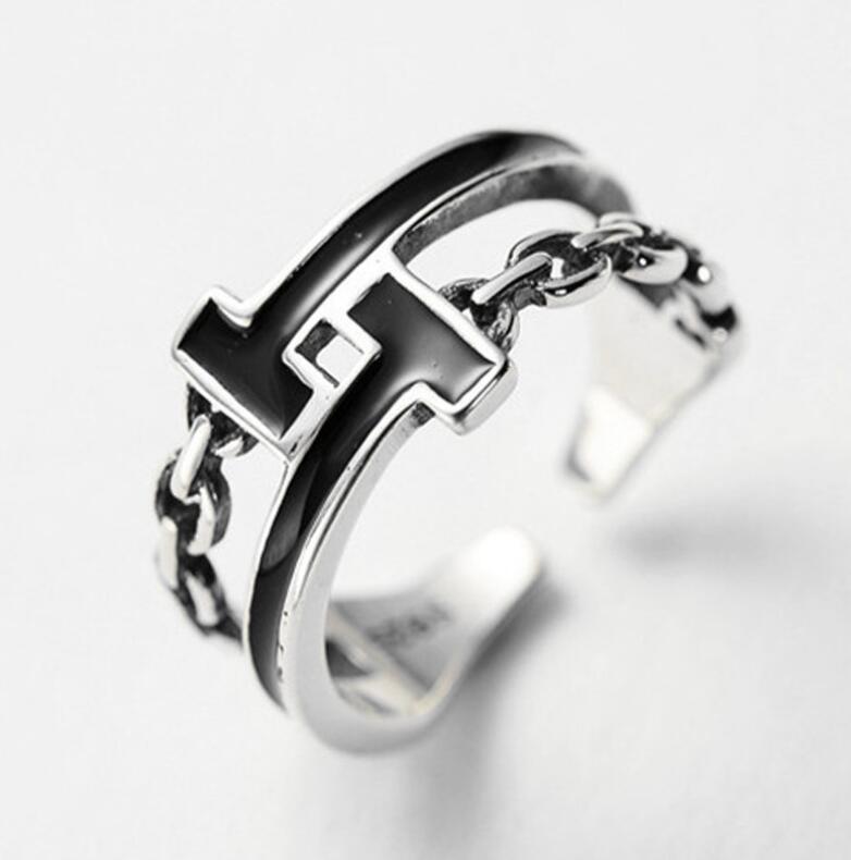 

T-shaped double-layer belt bamboo ring female black epoxy glue chain open ring, Silver