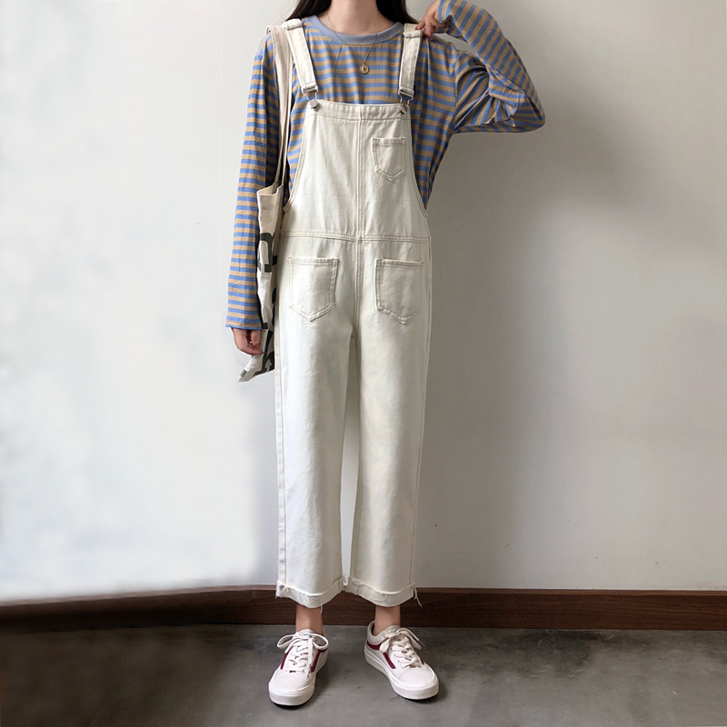 

2020 New girls denim jumpsuit loose high waist white cotton jeans overalls design for women